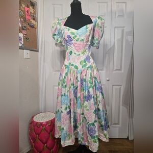 Vintage Gunne Sax Jessica McClintock 1980s Pastel Floral Tea Dress Bows Size 13